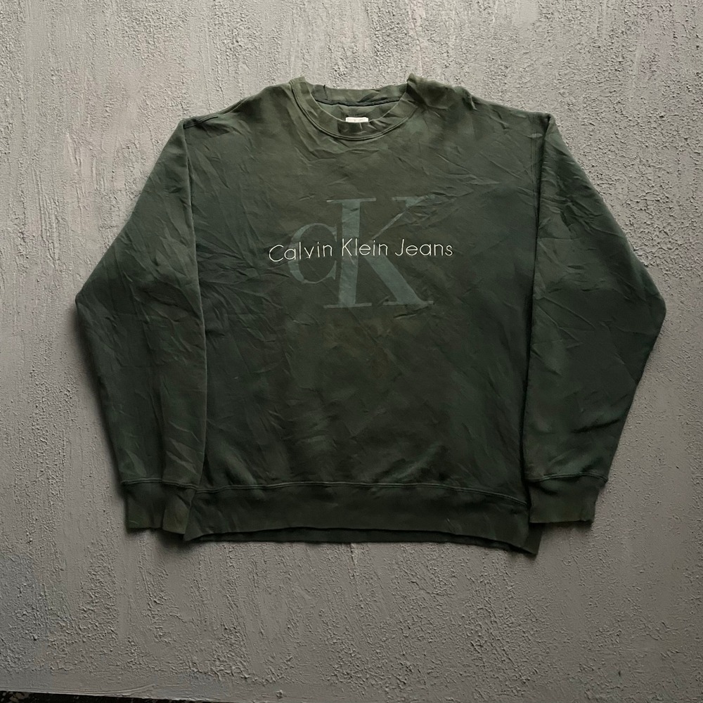 Vintage Calvin Klein Jeans Sweatshirt Mens Medium Green 90s Big Logo Crewneck